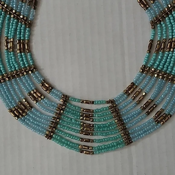 Nine Strand Beaded Necklace Blue/Green/Bronze with 2' Extension - Picture 3 of 7